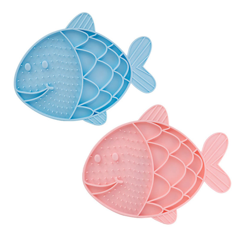 Syah Life Cat Slow Feeder Silicone Bowl - Fish-Shaped Pet Food Mat for Dry & Wet Food (Pink & Blue)
