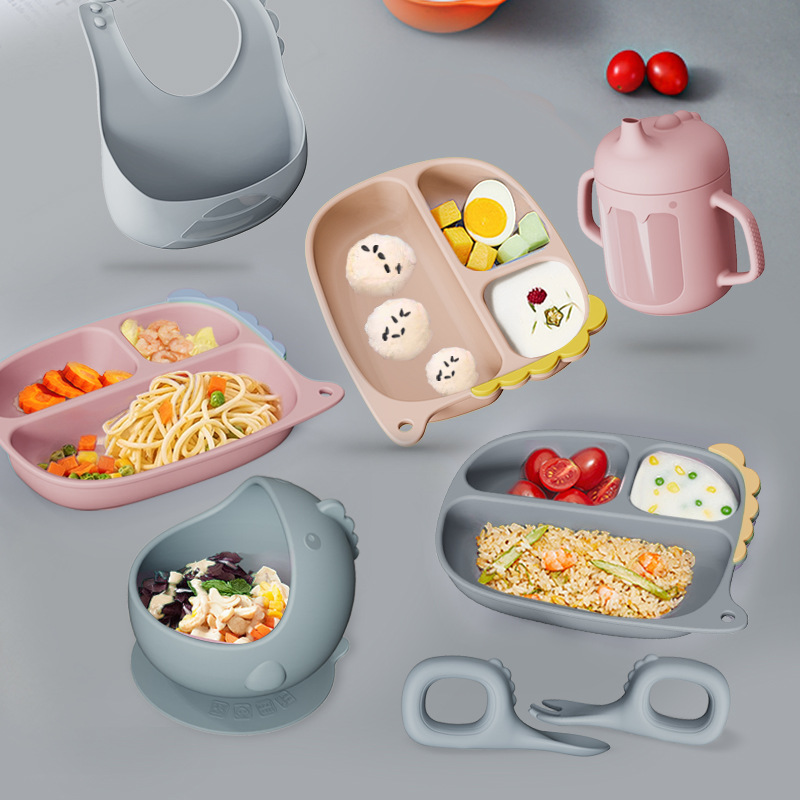 Cartoon Dinosaur Silicone Baby Feeding Set – Suction Plate, Bowl, Spoon, Fork, Bib & Cup | Non-Slip