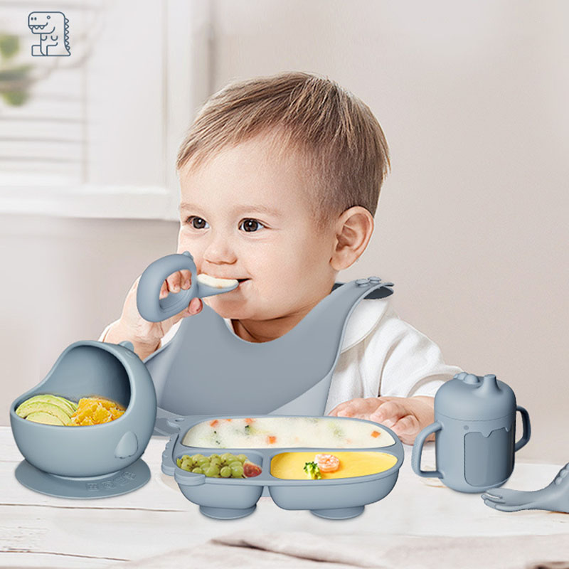 Cartoon Dinosaur Silicone Baby Feeding Set – Suction Plate, Bowl, Spoon, Fork, Bib & Cup | Non-Slip