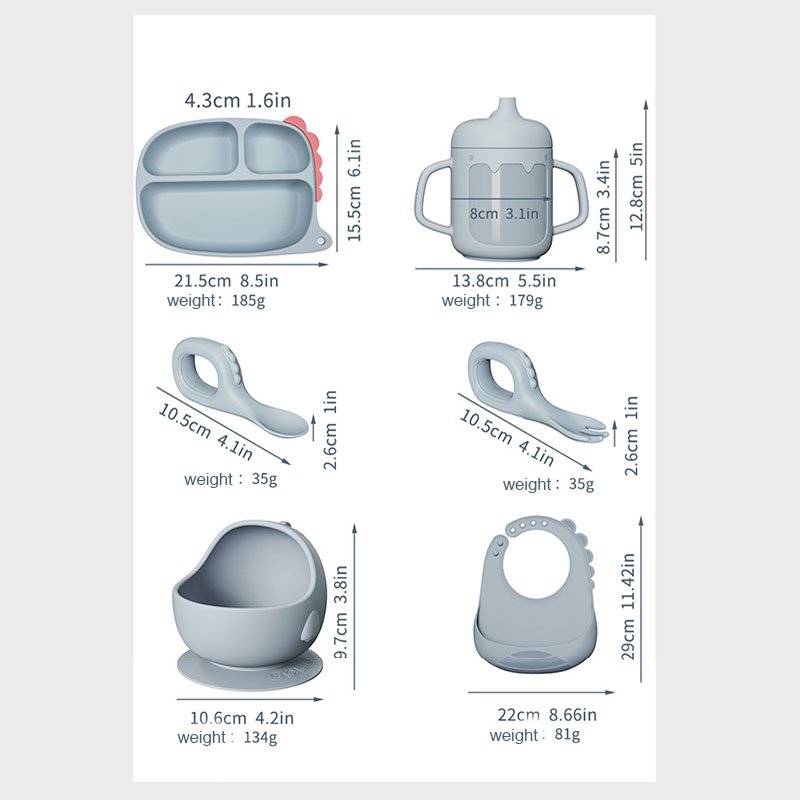 Cartoon Dinosaur Silicone Baby Feeding Set – Suction Plate, Bowl, Spoon, Fork, Bib & Cup | Non-Slip