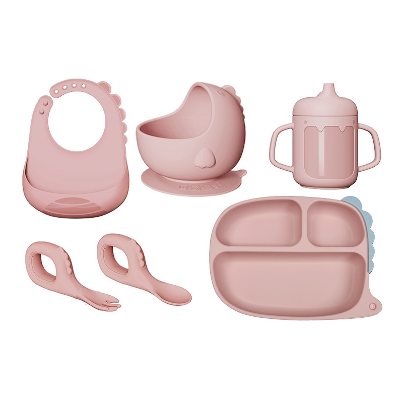 Cartoon Dinosaur Silicone Baby Feeding Set – Suction Plate, Bowl, Spoon, Fork, Bib & Cup | Non-Slip