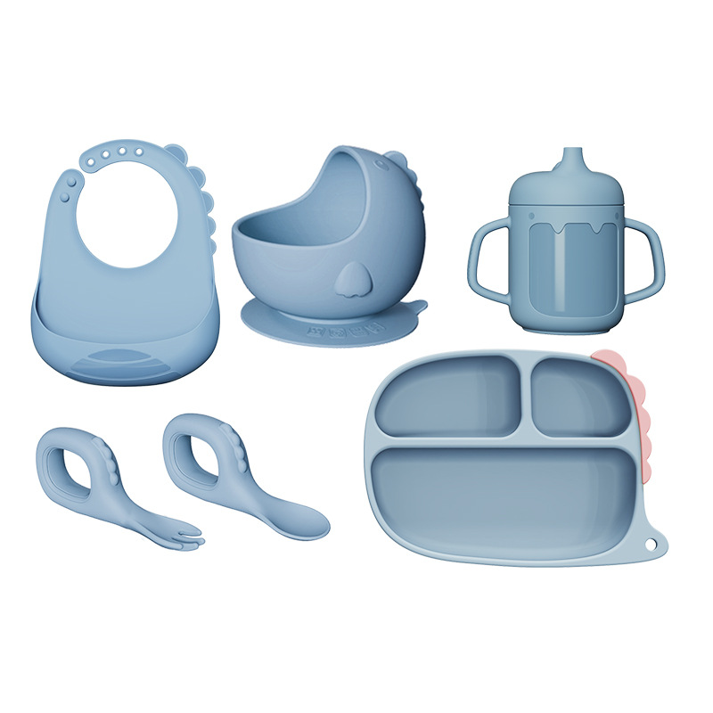 Cartoon Dinosaur Silicone Baby Feeding Set – Suction Plate, Bowl, Spoon, Fork, Bib & Cup | Non-Slip