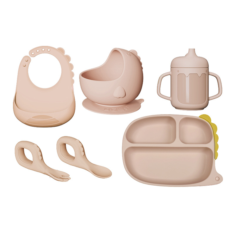 Cartoon Dinosaur Silicone Baby Feeding Set – Suction Plate, Bowl, Spoon, Fork, Bib & Cup | Non-Slip