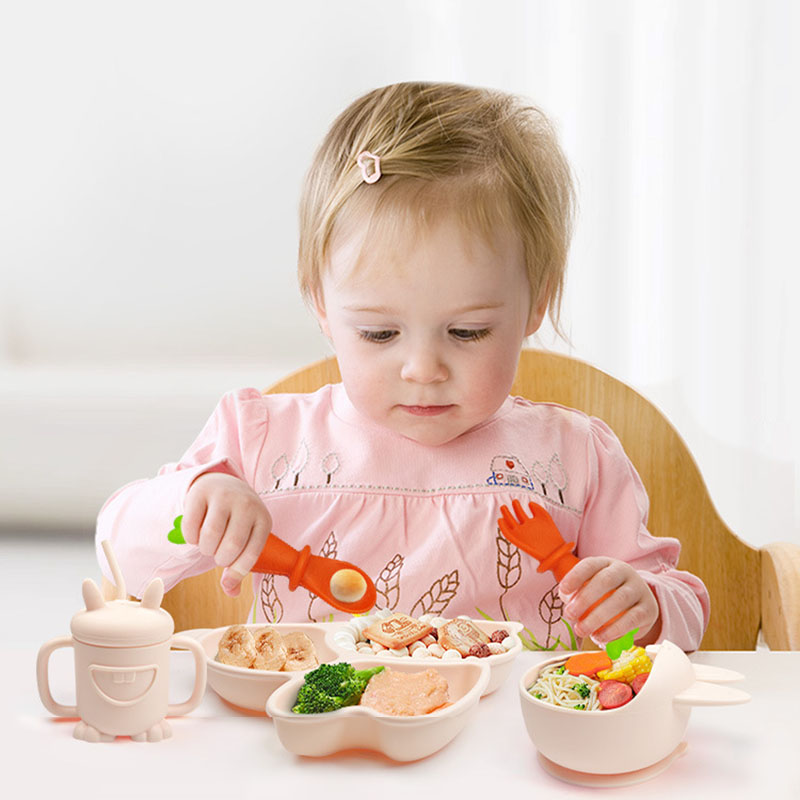 Kawaii Silicone Baby Feeding Set – Cute Rabbit Plate, Bowl, Fork, Spoon & Bib | Durable BPA-Free