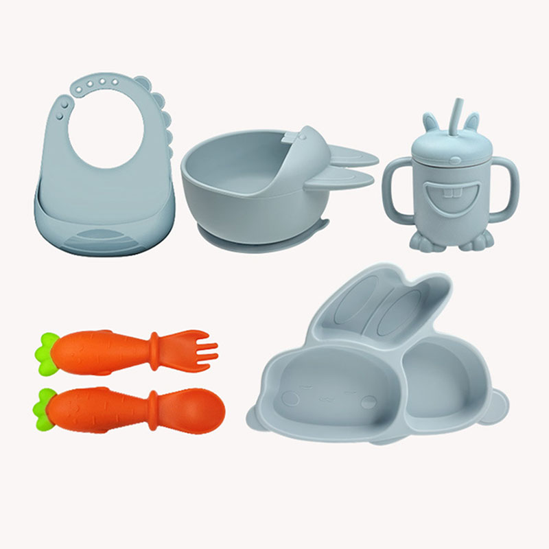 Kawaii Silicone Baby Feeding Set – Cute Rabbit Plate, Bowl, Fork, Spoon & Bib | Durable BPA-Free