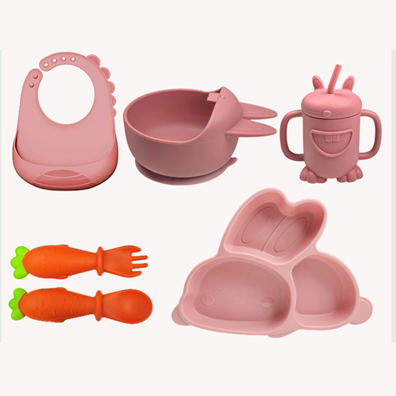 Kawaii Silicone Baby Feeding Set – Cute Rabbit Plate, Bowl, Fork, Spoon & Bib | Durable BPA-Free