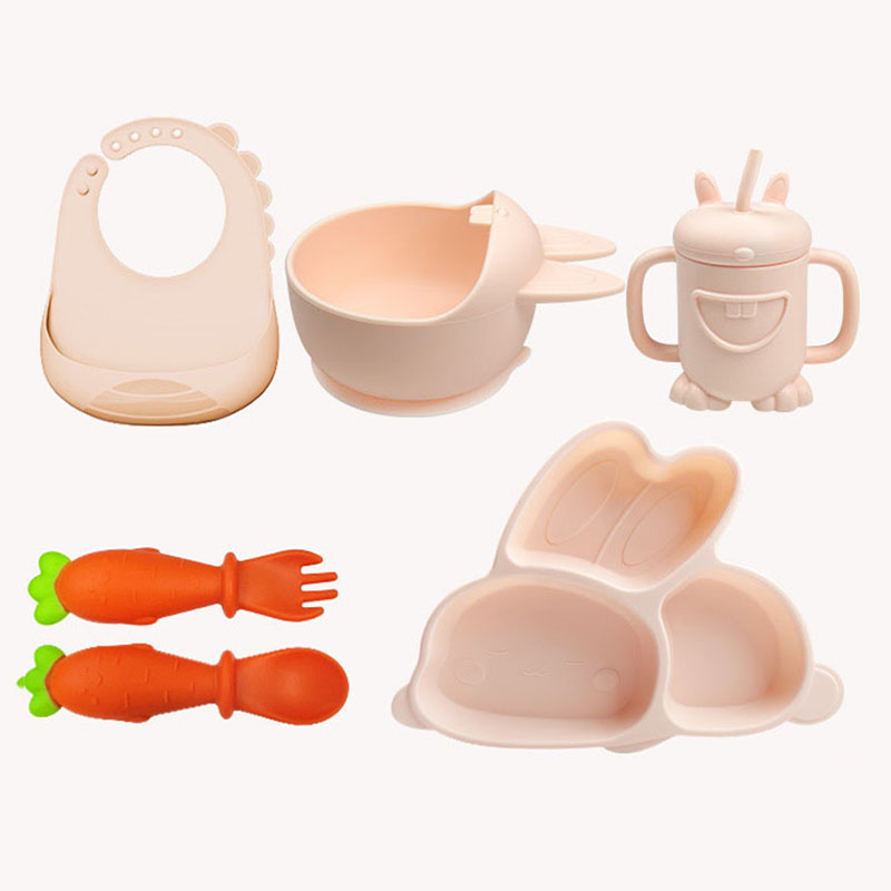 Kawaii Silicone Baby Feeding Set – Cute Rabbit Plate, Bowl, Fork, Spoon & Bib | Durable BPA-Free
