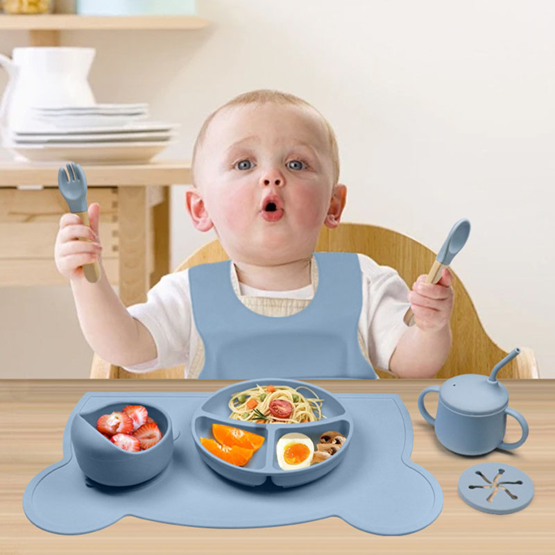 Silicone Baby Feeding Set | 8-Piece Food-Grade Silicone Tableware with Suction Plate and Mat