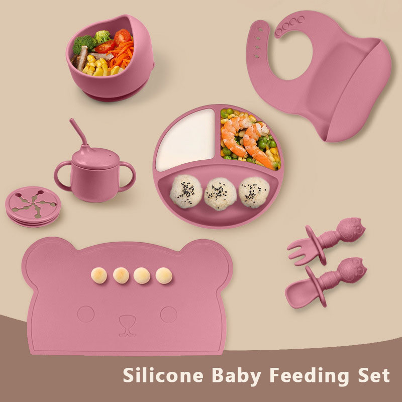 Silicone Baby Feeding Set | 8-Piece Food-Grade Silicone Tableware with Suction Plate and Mat