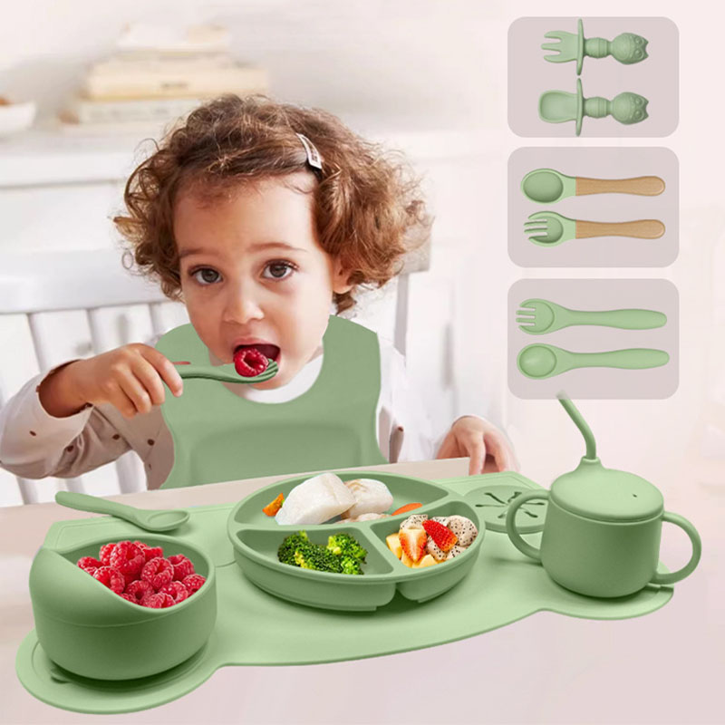 Silicone Baby Feeding Set | 8-Piece Food-Grade Silicone Tableware with Suction Plate and Mat