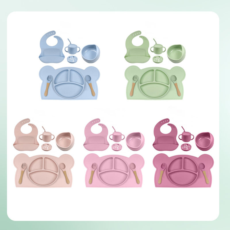 Silicone Baby Feeding Set | 8-Piece Food-Grade Silicone Tableware with Suction Plate and Mat