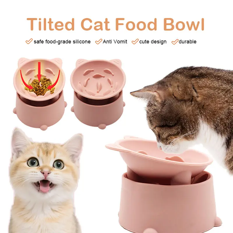 2-in-1 Silicone Elevated Cat Bowl | Slow Feeder & Anti-Vomit Design | OEM/ODM Pet Feeding Bowl
