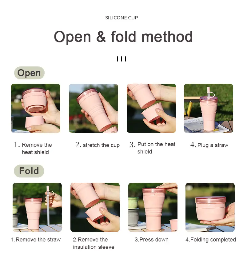 Collapsible Silicone Water Cup with Lid & Straw | 360ml & 480ml Foldable Travel Cup | OEM/ODM