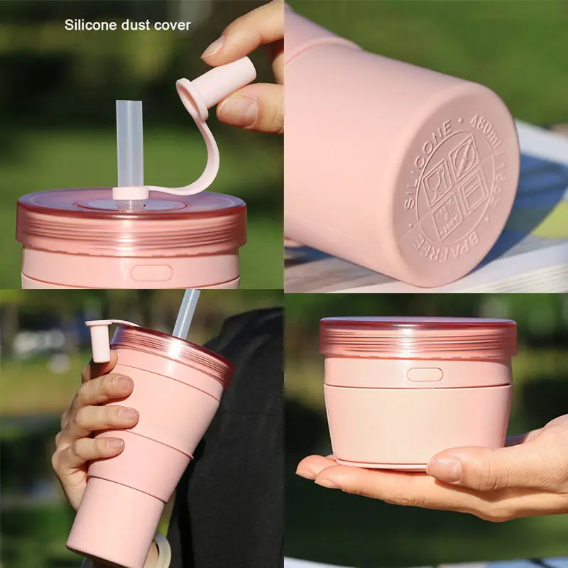 Collapsible Silicone Water Cup with Lid & Straw | 360ml & 480ml Foldable Travel Cup | OEM/ODM