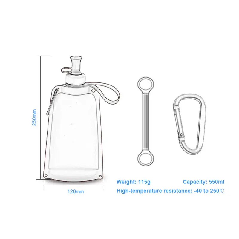 550ml Portable Folding Water Bag – Food-Grade Silicone Outdoor Bottle for Camping & Sports OEM